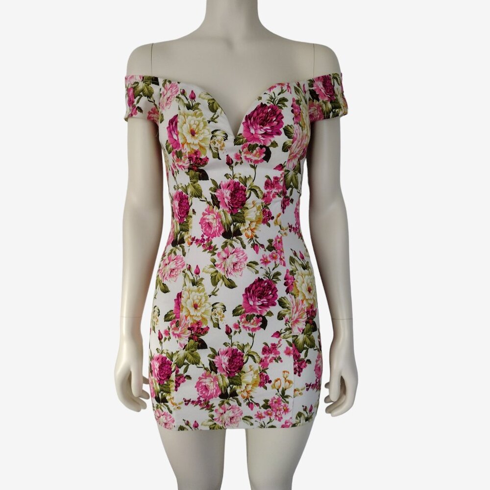 Signature 8 Off Shoulder White Floral Print Micro Mini Fitted Dress M